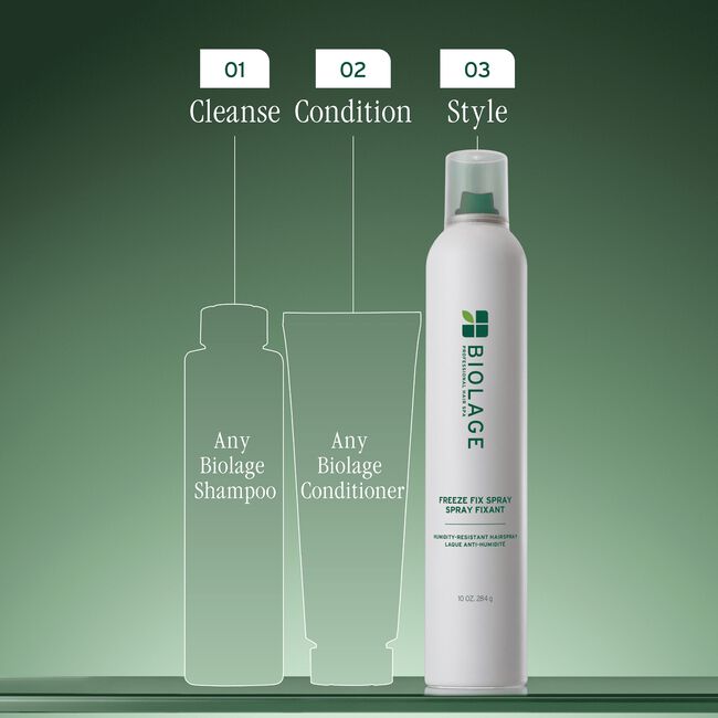 Biolage hair care product with step-by-step guide on a green background