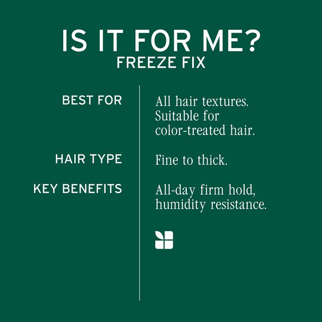 Product information card for 'Freeze Fix' hair product on a green background