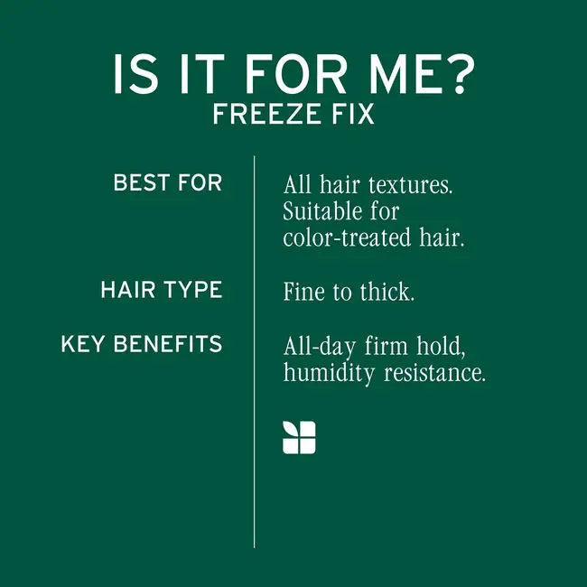 Product information card for 'Freeze Fix' hair product on a green background