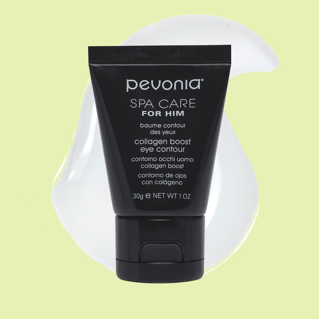 Pevonia Spa Care for Him eye contour cream tube on a light green background