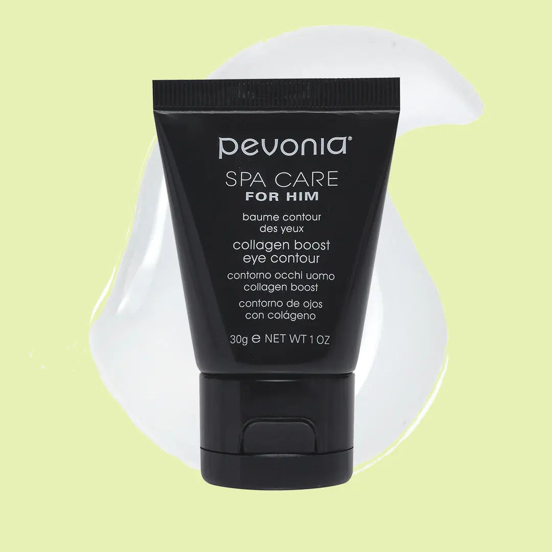Pevonia Spa Care for Him eye contour cream tube on a light green background