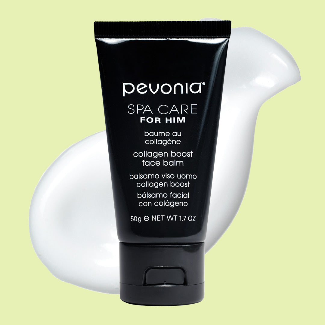 Pevonia Spa Care for Him collagen boost face balm on a light green background