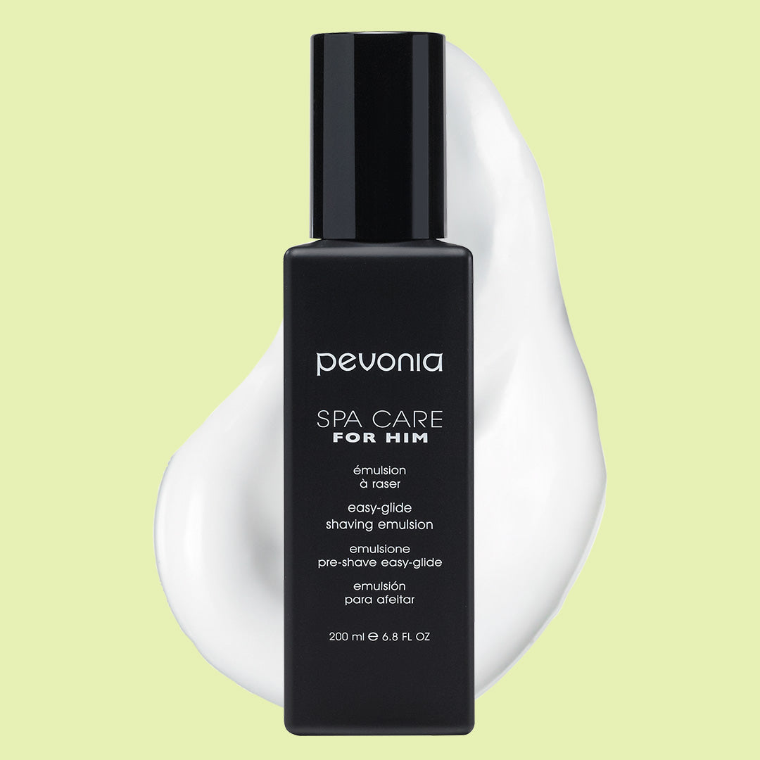 Pevonia Spa Care for Him shaving emulsion bottle on a light green background