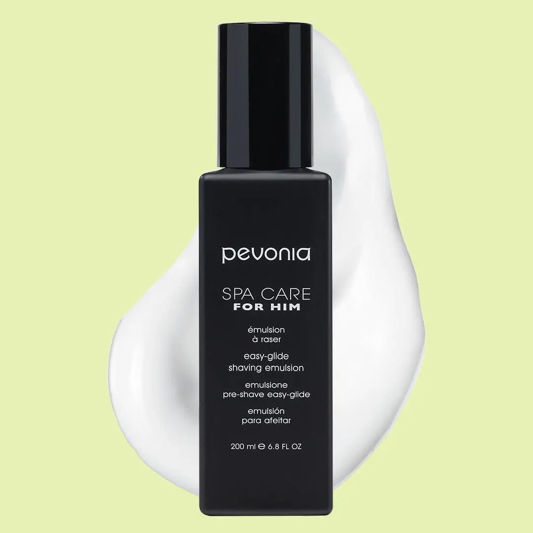 Pevonia Spa Care for Him shaving emulsion bottle on a light green background