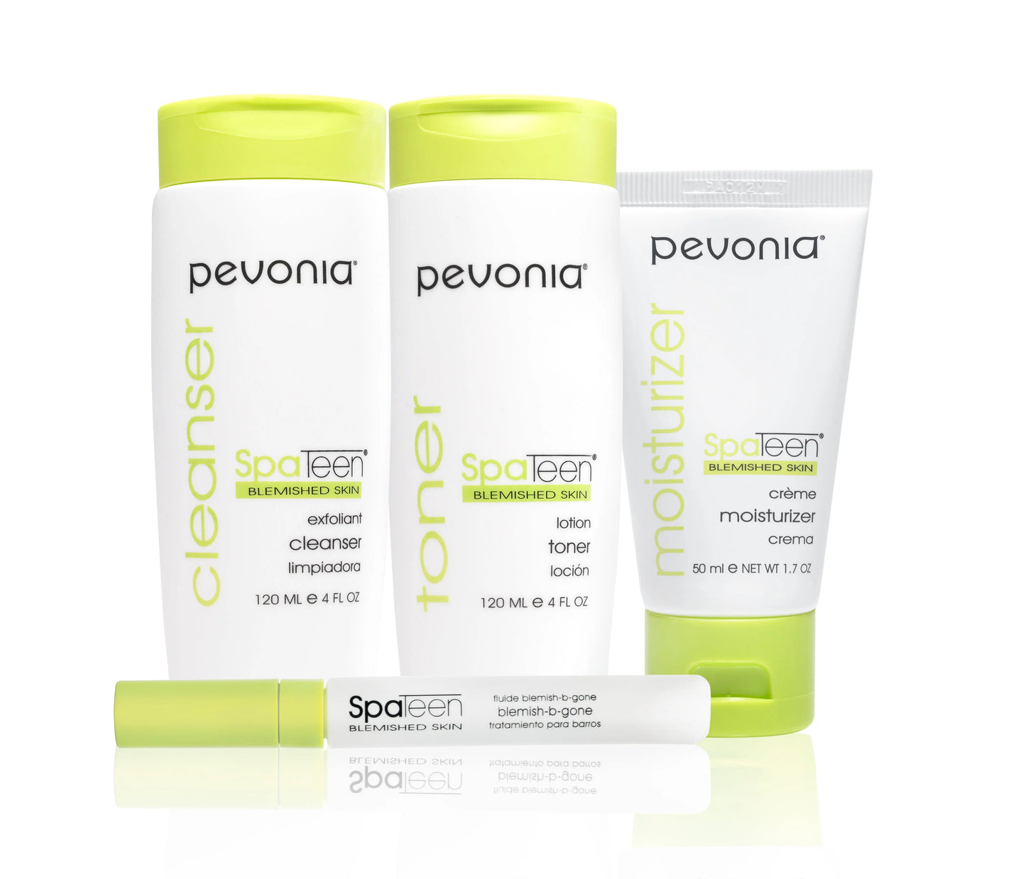 Pevonia SpaTeen skincare product set on a white background