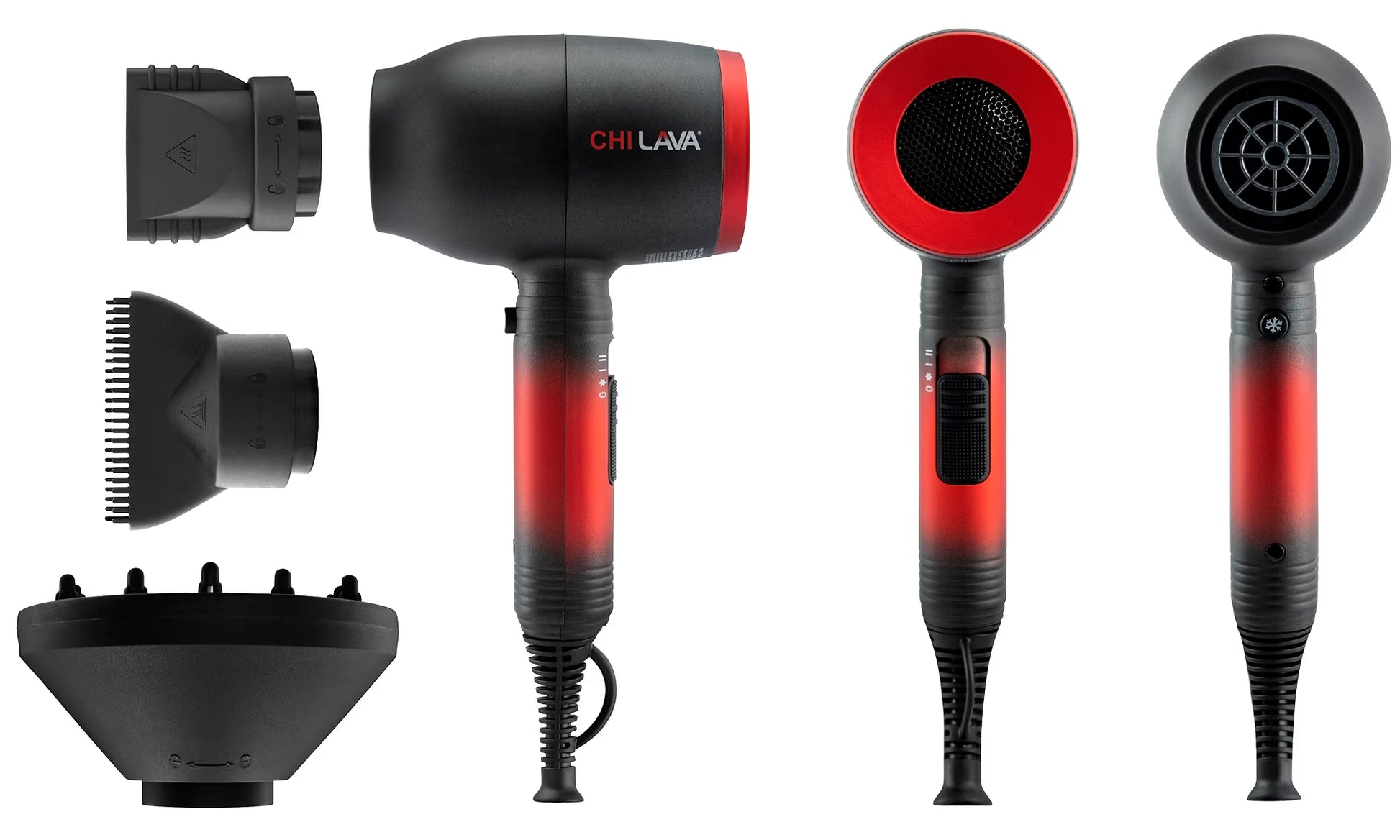 CHI LAVA hair dryer shown with multiple attachments on a plain white background, including the main body, nozzle, concentrator, diffuser, and other styling nozzles.