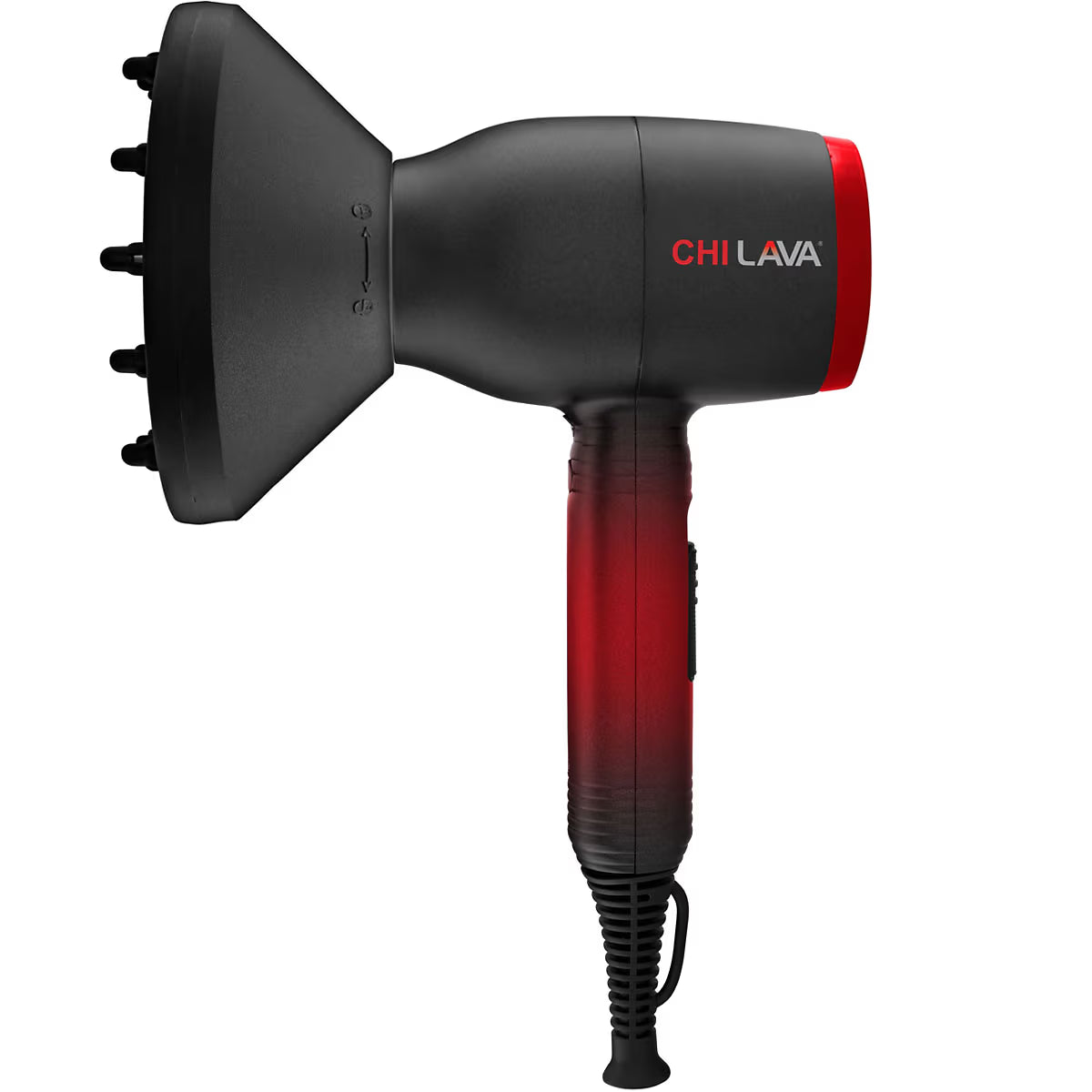 CHI LAVA hair dryer in matte black with a red gradient handle and a red accent ring, featuring an attached black diffuser attachment, shown on a solid white background.