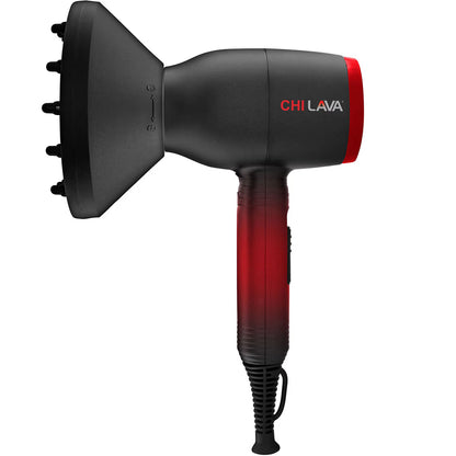 CHI LAVA hair dryer in matte black with a red gradient handle and a red accent ring, featuring an attached black diffuser attachment, shown on a solid white background.
