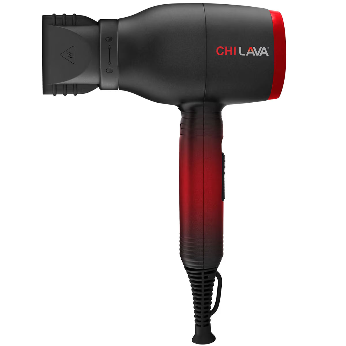 A CHI LAVA hair dryer in matte black with a red gradient handle and a red accent on the nozzle, shown against a plain white background.