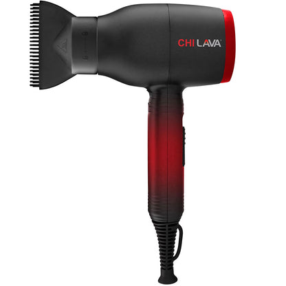 A Chi Lava hair dryer with a black body, red accents on the nozzle and handle, and a black diffuser attachment, shown against a plain white background.