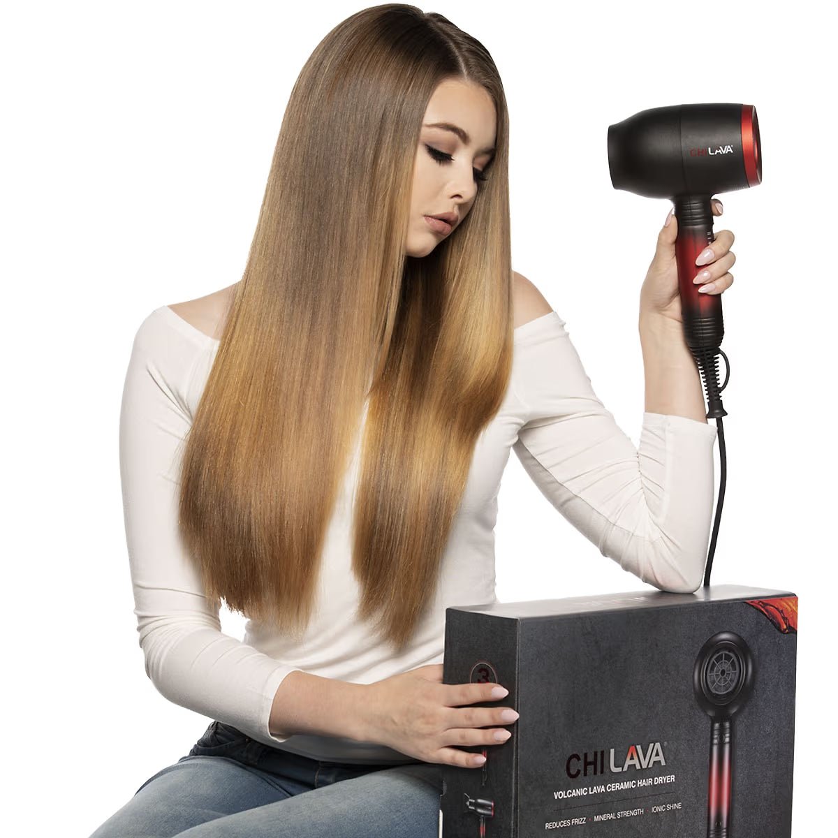 A woman with long, straight light brown hair holds a black and red CHI LAVA hair dryer next to its product box, set against a solid white background.