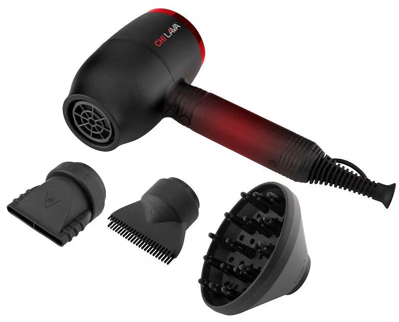 A black and red CHI LA hair dryer shown with four black styling attachments on a plain white background.