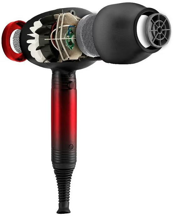 A hair dryer shown in a cutaway view to reveal its internal components, featuring a black and red body with a transparent head and visible fan and filter details, set against a plain white background.