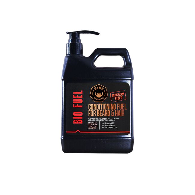 A black plastic pump bottle of Bio Fuel Conditioning Fuel for Beard & Hair, featuring a black label with red and orange text and graphics, set against a plain white background.