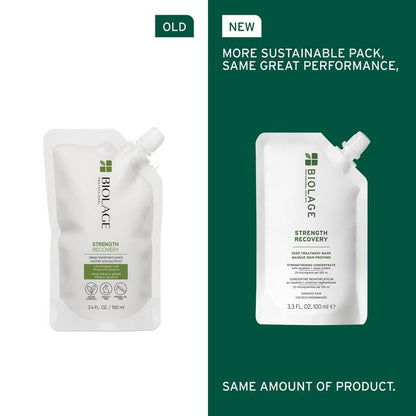 Comparison of an old and new Biolage Strength Recovery product packaging on a green background.