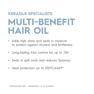 Advertisement for Kerasilk Multi-Benefit Hair Oil with text on a white background