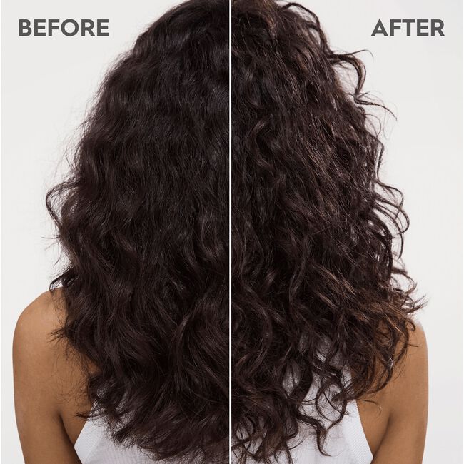 Before and after comparison of wavy hair on a person with a plain background
