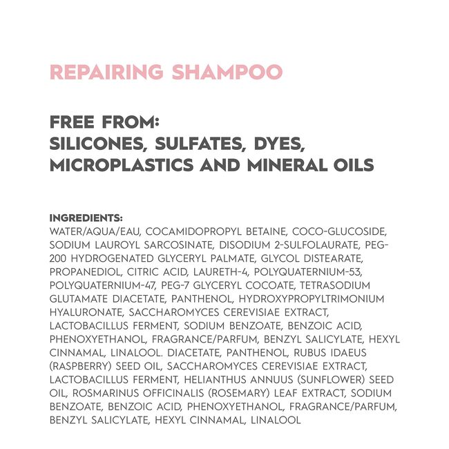 List of ingredients for a repairing shampoo on a white background