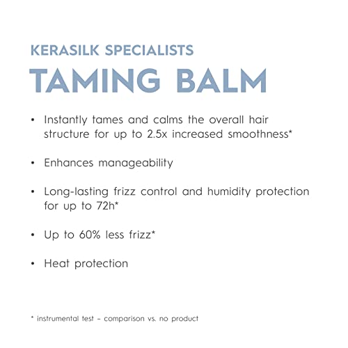 Kerasilk Specialists Taming Balm advertisement with product benefits on a white background