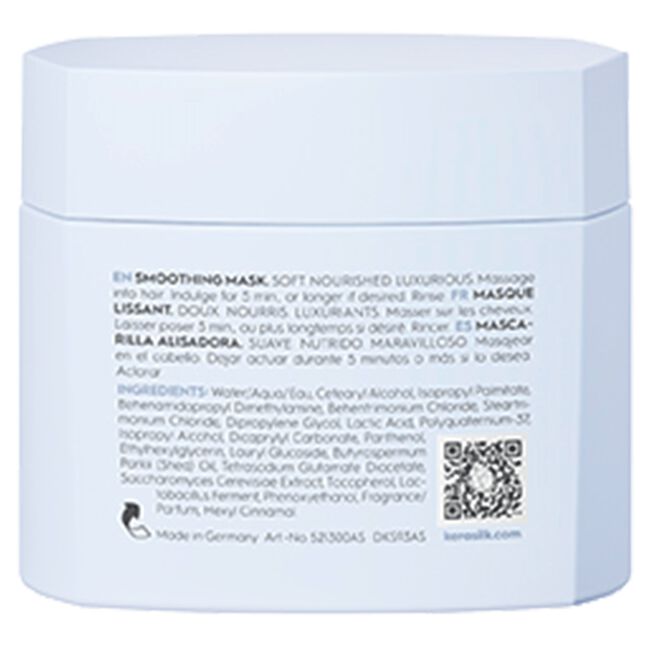 Back view of a blue hair mask jar with text and a QR code on a white background