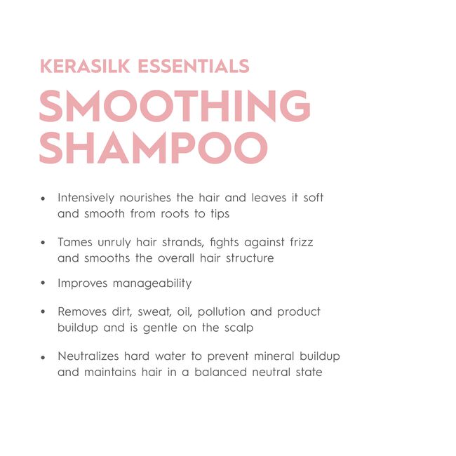 Kerasilk Essentials Smoothing Shampoo description on a white background
