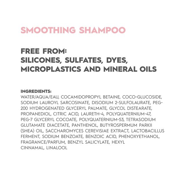 List of ingredients for a smoothing shampoo on a white background