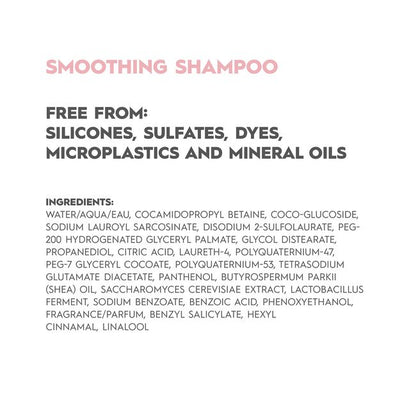 List of ingredients for a smoothing shampoo on a white background