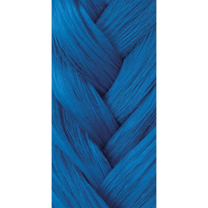Blue hair extensions styled in a braid on a white background