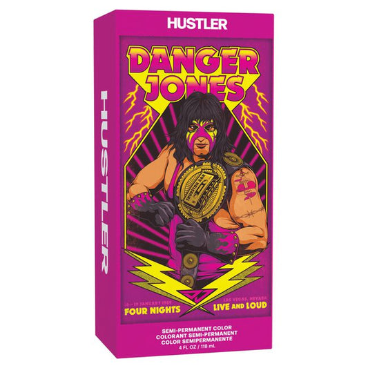 Hustler Danger Jones product packaging with a stylized illustration of a person and vibrant colors on a pink background.