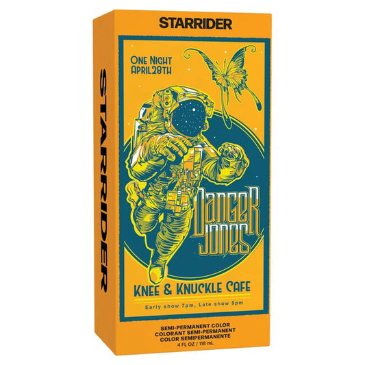 Starrider product packaging with an astronaut design and text on a white background