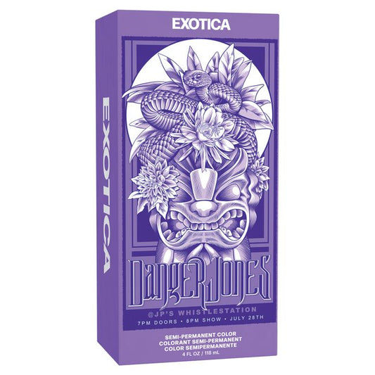 Purple packaging of Exotica by Danger Jones with a mask design on a white background