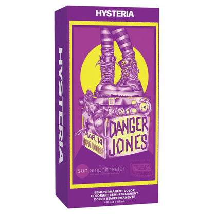 Purple box of Hysteria Danger Jones hair color with graphic design on a white background