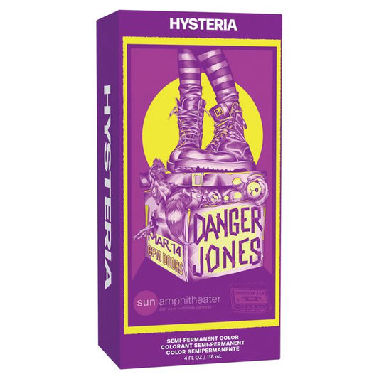 Purple box of Hysteria Danger Jones hair color with graphic design on a white background