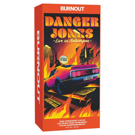 Product packaging for 'Burnout Danger Jones' with a car and flames design on an orange background.
