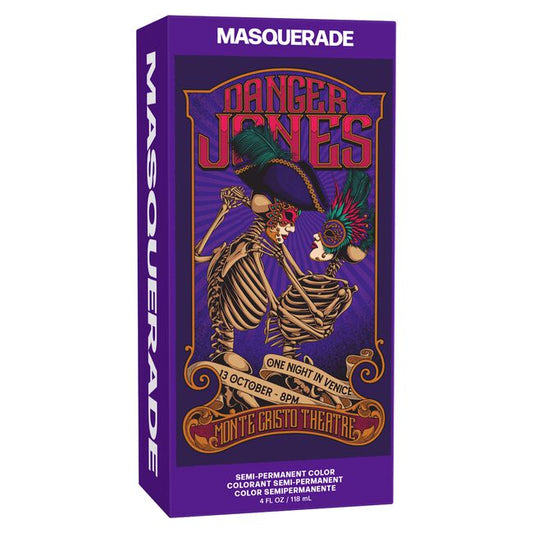 Box for 'Danger Jones' Masquerade event with skeleton design on a purple background