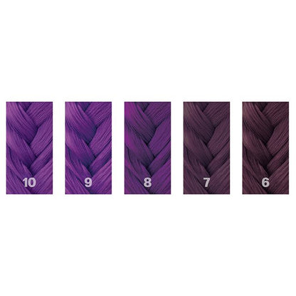 Color swatches of purple hair extensions with numbers indicating color codes.
