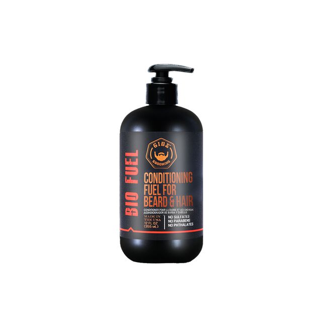 A black pump bottle of Bio Fuel Conditioning Fuel for Beard & Hair by Gads, featuring orange and white text on a clean white background.
