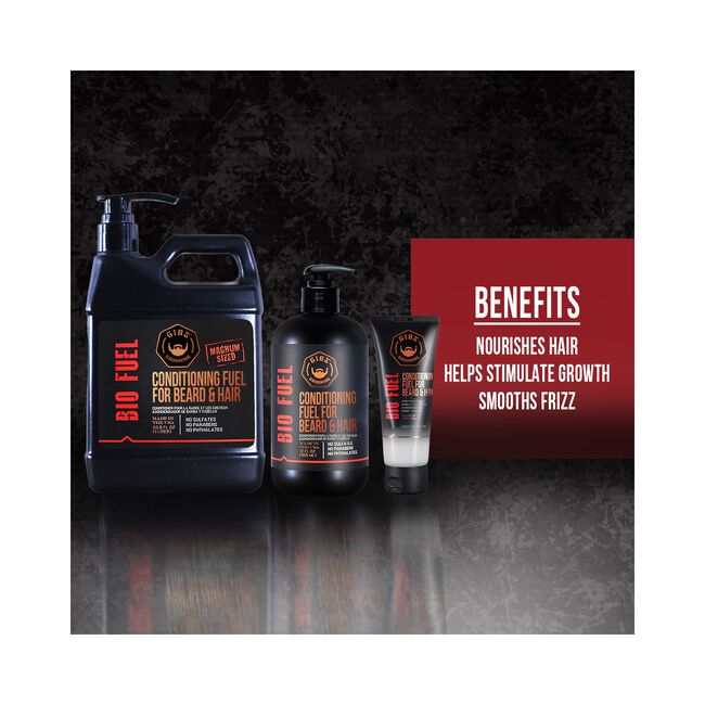 Three Bio Fuel beard care products from Beard Care Studio are displayed against a dark textured background with a red benefits text panel on the right. The set includes a large black pump bottle, a black pump bottle, and a black squeeze tube, all with black, orange, and white labels.