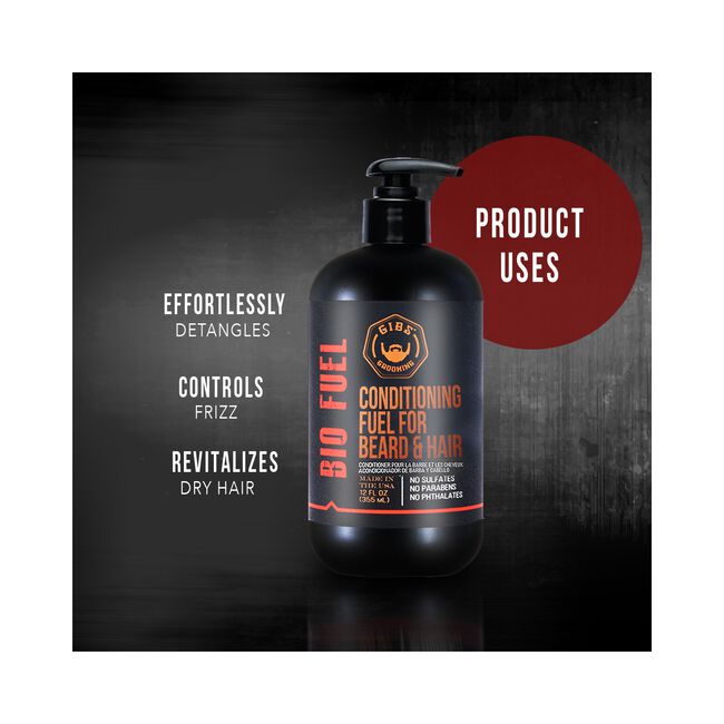 A black pump bottle of Bio Fuel Conditioning Fuel for Beard & Hair, displayed against a dark textured background with white feature text on the left and a red circle on the right reading 'PRODUCT USES'.