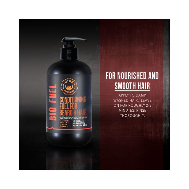 A black pump bottle of Bio Fuel Conditioning Fuel for Beard & Hair shown on a dark background next to a dark red text panel describing use for nourished and smooth hair.