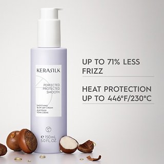 Kerasilk hair care product with text on frizz reduction and heat protection on a light gray background