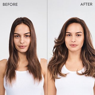 Before and after comparison of a woman with styled hair on a white background