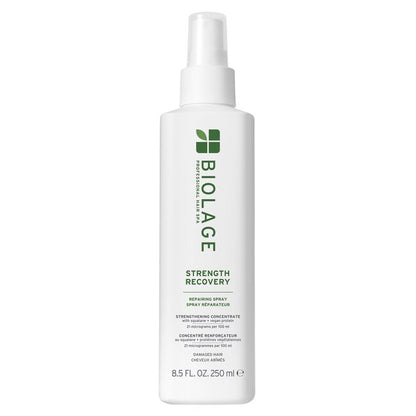 Biolage Strength Recovery hair spray bottle on a white background
