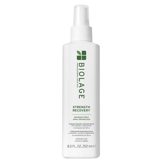 Biolage Strength Recovery hair spray bottle on a white background