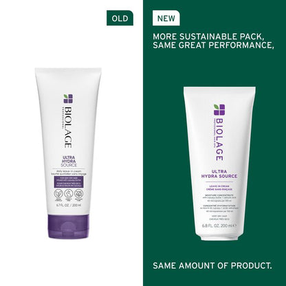Comparison of Biolage Ultra Hydra Source product packaging, old and new versions, on a white and green background.