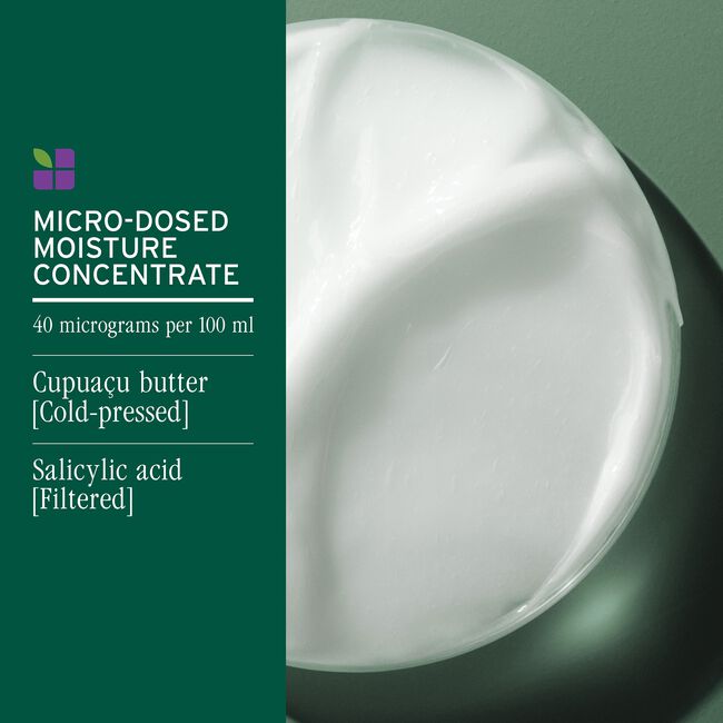 Product packaging with text about micro-dosed moisture concentrate on a green background