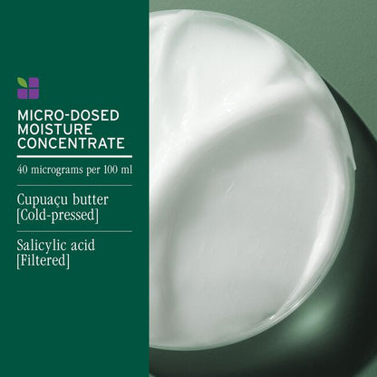 Product packaging with text about micro-dosed moisture concentrate on a green background