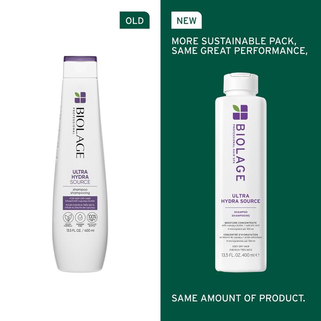 Comparison of an old and new Biolage Ultra Hydra Source shampoo bottle on a green background.