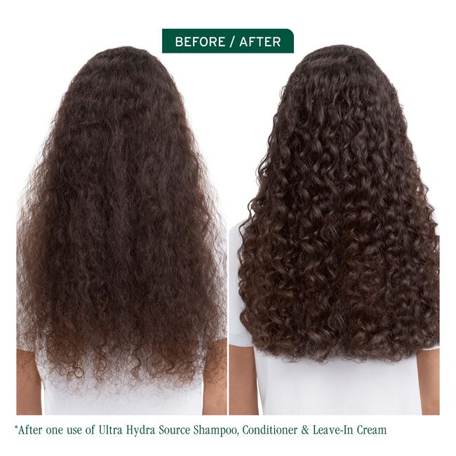 Before and after comparison of curly hair using Ultra Hydra Source products.