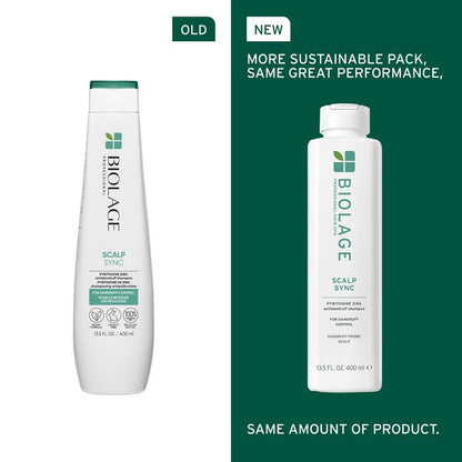 Comparison of an old and new Biolage Scalp Sync bottle on a green background.